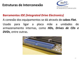 Estruturas de Interconexão
Barramentos IDE (Integrated Drive Electronics)
A conexão dos equipamentos se dá através de cabos Flat.
Usado para ligar a placa mãe a unidades de
armazenamento internas, como HDs, Drives de CDs e
DVDs, entre outras.
17
 