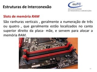 Estruturas de Interconexão
Slots de memória RAM
São ranhuras verticais , geralmente a numeração de três
ou quatro , que geralmente estão localizados no canto
superior direito da placa- mãe, e servem para alocar a
memória RAM.
19
 