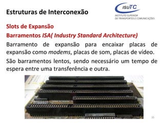Estruturas de Interconexão
Slots de Expansão
Barramentos ISA( Industry Standard Architecture)
Barramento de expansão para encaixar placas de
expansão como modems, placas de som, placas de vídeo.
São barramentos lentos, sendo necessário um tempo de
espera entre uma transferência e outra.
20
 