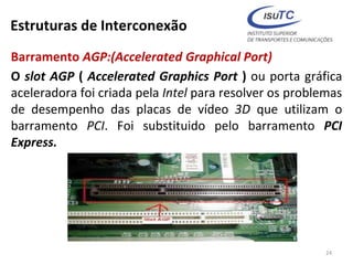 Estruturas de Interconexão
Barramento AGP:(Accelerated Graphical Port)
O slot AGP ( Accelerated Graphics Port ) ou porta gráfica
aceleradora foi criada pela Intel para resolver os problemas
de desempenho das placas de vídeo 3D que utilizam o
barramento PCI. Foi substituido pelo barramento PCI
Express.
24
 