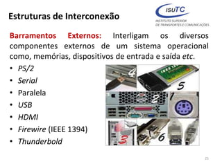 Estruturas de Interconexão
Barramentos Externos: Interligam os diversos
componentes externos de um sistema operacional
como, memórias, dispositivos de entrada e saída etc.
• PS/2
• Serial
• Paralela
• USB
• HDMI
• Firewire (IEEE 1394)
• Thunderbold
25
 