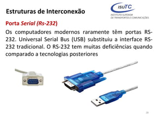 Estruturas de Interconexão
Porta Serial (Rs-232)
Os computadores modernos raramente têm portas RS-
232. Universal Serial Bus (USB) substituiu a interface RS-
232 tradicional. O RS-232 tem muitas deficiências quando
comparado a tecnologias posteriores
28
 