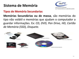 Sistema de Memória
Tipos de Memória Secundarias
Memórias Secundárias ou de massa, são memórias do
tipo não volátil e memórias que ajudam o computador a
guardar informações. Ex: CD, DVD, Pen Drive, HD, Cartão
de Memória (SSD), Disquete.
55
 