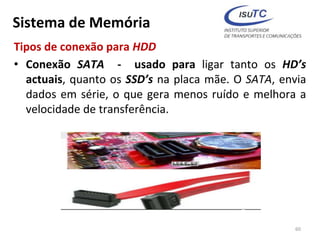 Sistema de Memória
Tipos de conexão para HDD
• Conexão SATA - usado para ligar tanto os HD’s
actuais, quanto os SSD’s na placa mãe. O SATA, envia
dados em série, o que gera menos ruído e melhora a
velocidade de transferência.
60
 