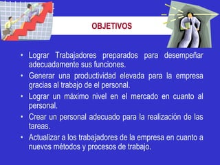 OBJETIVOS


• Lograr Trabajadores preparados para desempeñar
  adecuadamente sus funciones.
• Generar una productividad elevada para la empresa
  gracias al trabajo de el personal.
• Lograr un máximo nivel en el mercado en cuanto al
  personal.
• Crear un personal adecuado para la realización de las
  tareas.
• Actualizar a los trabajadores de la empresa en cuanto a
  nuevos métodos y procesos de trabajo.
 