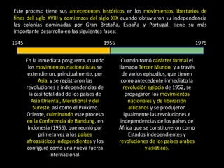 Este proceso tiene sus antecedentes históricos en los movimientos libertarios de
fines del siglo XVIII y comienzos del siglo XIX cuando obtuvieron su independencia
las colonias dominadas por Gran Bretaña, España y Portugal, tiene su más
importante desarrollo en las siguientes fases:

1945                                      1955                                       1975


       En la inmediata posguerra, cuando          Cuando tomó carácter formal el
        los movimientos nacionalistas se         llamado Tercer Mundo, y a través
        extendieron, principalmente, por           de varios episodios, que tienen
              Asia, y se registraron las          como antecedente inmediato la
       revoluciones e independencias de            revolución egipcia de 1952, se
         la casi totalidad de los países de          propagaron los movimientos
          Asia Oriental, Meridional y del             nacionales y de liberación
           Sureste, así como el Próximo               africanos y se produjeron
       Oriente, culminando este proceso             igualmente las revoluciones e
       en la Conferencia de Bandung, en           independencias de los países de
        Indonesia (1955), que reunió por         África que se constituyeron como
              primera vez a los países                Estados independientes y
       afroasiáticos independientes y los        revoluciones de los países árabes
        configuró como una nueva fuerza                      y asiáticos.
                    internacional.
 