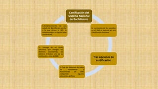 Certificación del
Sistema Nacional
de Bachillerato
La conclusión de los estudios
en el SNB se expresa en una
Certificación Nacional
Tres opciones de
certificación
2.- Entrega de un titulo
adicional que otorgan los
distintos subsistemas, así
obtiene 2 títulos: uno de su
institución y otro de SNB
1.-Que los diplomas de todos
los subsistemas y
modalidades de EMS
compartan algunos
elementos gráficos
3.-Establecimiento de una
cedula de Bachillerato similar
a la que ofrece la SEP; la
reforma erigirá la opción mas
conveniente.
 