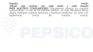 Nuestra misión
Dibujar más sonrisas con cada sorbo y cada bocado
PARA NUESTROS CONSUMIDORES: Dibujaremos sonrisas en nuestros
consumidores — más de mil millones diarios— al crear momentos llenos
alegría mediante nuestros deliciosos y nutritivos productos, así como con
experiencias únicas de nuestras marcas.
 