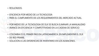 • RESULTADOS.
• EFIICIENCIA POR MEDIO DE LA TECNOLOGIA
• PARA EL CUMPLIMIENTO DE LOS REQUERIMIENTOS DEL MERCADO ACTUAL.
• POR MEDIO DE LA TECNOLOGIA DE DLX SE BUSCA ELIMINAR LA MANUALIDAD
• AVANCE EN EFICIIENCIA Y COMPETITIVIDAD EN LA CADENA DE SERVICIO
• COLOMBIA ES EL PRIMER PAIS EN LATINOAMERICA. EN IMPLEMENTAR EL DLX
• DE RED PRAIRIE.
• SOLUCION A LAS DIFERENCIAS DE INVENTARIO EN LOS ALMACENES.
 