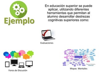 Ejemplo
En educación superior se puede
aplicar, utilizando diferentes
herramientas que permitan al
alumno desarrollar destrezas
cognitivas superiores como:
Mapas Mentales
Foros de Discusión
Evaluaciones
 