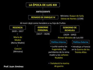 LA ÉPOCA DE LUIS XIII

                               ANTECEDENTE
                                                         Ministro: Duque de Sully
                          REINADO DE ENRIQUE IV
                                                         Edicto de Nantes (1598)
               Al morir dejó como heredero a su hijo de 9 años
        REGENCIA                 GOBIERNO                  GOBIERNO DE
       1610 – 1617               PERSONAL                   RICHELIEU
                               (1617 – 1624)               (1624 - 1642)
         María de                                     Primer Ministro de Luis XIII
          Medici
      (Reina Madre)                            Política Interna       Política Externa
                                              • Luchó contra los    • Introdujo a Francia
         Concini                                hugonotes, los       en la Guerra de los
        (Ministro)                          partidarios de la reina      Treinta Años
                                             madre y los señores
                                                   feudales

                                            • Fortaleció la marina
Prof. Juan Jiménez                                de guerra
 