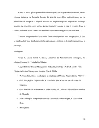 10
Como se busca que la producción del chebiqueso sea un proyecto sustentable, en una
primera instancia se buscaría fuentes de energía renovables, autosuficientes en su
producción, tal vez ya en la etapa de madurez del proyecto se podría emplear una estrategia
temática de atracción como un tipo parque interactivo donde se vea el proceso desde la
crianza, cuidados de las cabras, sus beneficios de su consumo y productos derivados.
También orto punto clave es el techo financiero disponible para este proyecto, el cual
se puede definir más detalladamente las actividades a realizar en la implementación de la
estrategia.
Bibliografía
Fred R. David, Forest R. David, Conceptos de Administración Estratégica, 5ta
edición, Pearson, 2017, ciudad de México.
A guide to the Project Management Body of Knowledge (PMBOK Guide) Fifth
Edition by Project Management institute (Mar 1, 2013)
 W. Chan Kim, Renee Mauborgne, la estrategia del Océano Azul, Editorial PROFIT
 Guía de Apoyo al Emprendedor, CEEI ciudad Real, Creación y Realización de
Empresas
 Guía de Creación de Empresas, CEEI Ciudad Real, Guía de Elaboración de estudios
de Mercado
 Plan Estratégico e implementación del Cuadro de Mando integral, CEEI Ciudad
Real,
 Bibliografía
 