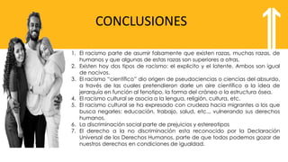 CONCLUSIONES
1. El racismo parte de asumir falsamente que existen razas, muchas razas, de
humanos y que algunas de estas razas son superiores a otras.
2. Existen hoy dos tipos de racismo: el explicito y el latente. Ambos son igual
de nocivos.
3. El racismo “científico” dio origen de pseudociencias o ciencias del absurdo,
a través de las cuales pretendieron darle un aire científico a la idea de
jerarquía en función al fenotipo, la forma del cráneo o la estructura ósea.
4. El racismo cultural se asocia a la lengua, religión, cultura, etc.
5. El racismo cultural se ha expresado con crudeza hacia migrantes a los que
busca negarles: educación, trabajo, salud, etc.., vulnerando sus derechos
humanos.
6. La discriminación social parte de prejuicios y estereotipos
7. El derecho a la no discriminación esta reconocido por la Declaración
Universal de los Derechos Humanos, parte de que todos podemos gozar de
nuestros derechos en condiciones de igualdad.
 