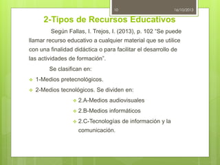 10

16/10/2013

2-Tipos de Recursos Educativos
Según Fallas, I. Trejos, I. (2013), p. 102 “Se puede
llamar recurso educativo a cualquier material que se utilice
con una finalidad didáctica o para facilitar el desarrollo de
las actividades de formación”.
Se clasifican en:


1-Medios pretecnológicos.



2-Medios tecnológicos. Se dividen en:


2.A-Medios audiovisuales



2.B-Medios informáticos



2.C-Tecnologías de información y la

comunicación.

 