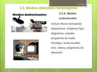 12

16/10/2013

2.2. Medios didácticos tecnológicos
2.2.A. Medios
audiovisuales
Incluye discos compactos

diapositivas, imágenes fijas,
diagramas, casetes,
programas de audio,
montajes, audiovisuales,
cine, videos, programas de
televisión.

 