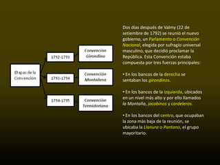 Dos días después de Valmy (22 de
setiembre de 1792) se reunió el nuevo
gobierno, un Parlamento o Convención
Nacional, elegida por sufragio universal
masculino, que decidió proclamar la
República. Esta Convención estaba
compuesta por tres fuerzas principales:

• En los bancos de la derecha se
sentaban los girondinos.

• En los bancos de la izquierda, ubicados
en un nivel más alto y por ello llamados
la Montaña, jacobinos y cordeleros.

• En los bancos del centro, que ocupaban
la zona más baja de la reunión, se
ubicaba la Llanura o Pantano, el grupo
mayoritario.
 
