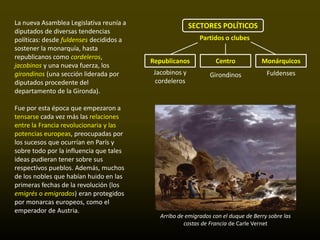 La nueva Asamblea Legislativa reunía a                  SECTORES POLÍTICOS
diputados de diversas tendencias
políticas: desde fuldenses decididos a                     Partidos o clubes
sostener la monarquía, hasta
republicanos como cordeleros,
                                         Republicanos            Centro            Monárquicos
jacobinos y una nueva fuerza, los
girondinos (una sección liderada por      Jacobinos y          Girondinos            Fuldenses
diputados procedente del                   cordeleros
departamento de la Gironda).

Fue por esta época que empezaron a
tensarse cada vez más las relaciones
entre la Francia revolucionaria y las
potencias europeas, preocupadas por
los sucesos que ocurrían en París y
sobre todo por la influencia que tales
ideas pudieran tener sobre sus
respectivos pueblos. Además, muchos
de los nobles que habían huido en las
primeras fechas de la revolución (los
emigrés o emigrados) eran protegidos
por monarcas europeos, como el
emperador de Austria.
                                            Arribo de emigrados con el duque de Berry sobre las
                                                     costas de Francia de Carle Vernet
 