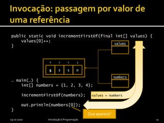 Invocação: passagem por valor de uma referênciapublicstaticvoidincrementFirstOf(final int[] values) {values[0]++;}… main(…) {int[] numbers = {1, 2, 3, 4};incrementFirstOf(numbers);    out.println(numbers[0]);}19-10-2010Introdução à Programação11values = numbersnumbersvalues012321043Que aparece?