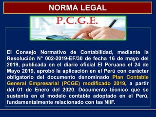 IRS - IIF
NORMA LEGAL
El Consejo Normativo de Contabilidad, mediante la
Resolución N° 002-2019-EF/30 de fecha 16 de mayo del
2019, publicada en el diario oficial El Peruano el 24 de
Mayo 2019, aprobó la aplicación en el Perú con carácter
obligatorio del documento denominado Plan Contable
General Empresarial (PCGE) modificado 2019, a partir
del 01 de Enero del 2020. Documento técnico que se
sustenta en el modelo contable adoptado en el Perú,
fundamentalmente relacionado con las NIIF.
 