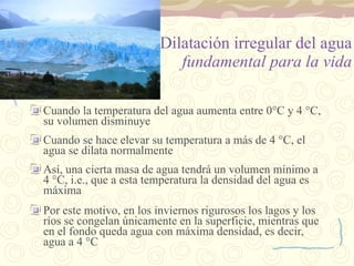 Dilatación irregular del agua   fundamental para la vida Cuando la temperatura del agua aumenta entre 0 °C y 4 °C, su volumen disminuye Cuando se hace elevar su temperatura a más de 4 °C, el agua se dilata normalmente Así, una cierta masa de agua tendrá un volumen mínimo a 4 °C, i.e., que a esta temperatura la densidad del agua es máxima Por este motivo, en los inviernos rigurosos los lagos y los ríos se congelan únicamente en la superficie, mientras que en el fondo queda agua con máxima densidad, es decir, agua a 4 °C 
