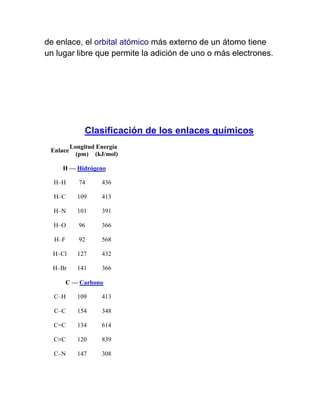 de enlace, el orbital atómico más externo de un átomo tiene
un lugar libre que permite la adición de uno o más electrones.




               Clasificación de los enlaces químicos
          Longitud Energía
 Enlace
            (pm) (kJ/mol)

     H — Hidrógeno

  H–H        74     436

  H–C       109     413

  H–N       101     391

  H–O        96     366

  H–F        92     568

  H–Cl      127     432

  H–Br      141     366

        C — Carbono

  C–H       109     413

  C–C       154     348

  C=C       134     614

  C≡C       120     839

  C–N       147     308
 
