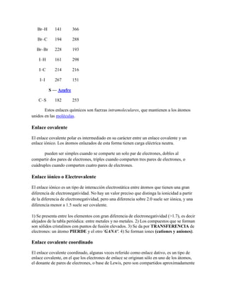 Br–H      141        366

   Br–C      194        288

   Br–Br     228        193

    I–H      161        298

    I–C      214        216

    I–I      267        151

           S — Azufre

    C–S      182        253

       Estos enlaces químicos son fuerzas intramoleculares, que mantienen a los átomos
unidos en las moléculas.

Enlace covalente

El enlace covalente polar es intermediado en su carácter entre un enlace covalente y un
enlace iónico. Los átomos enlazados de esta forma tienen carga eléctrica neutra.

      pueden ser simples cuando se comparte un solo par de electrones, dobles al
compartir dos pares de electrones, triples cuando comparten tres pares de electrones, o
cuádruples cuando comparten cuatro pares de electrones.

Enlace iónico o Electrovalente

El enlace iónico es un tipo de interacción electrostática entre átomos que tienen una gran
diferencia de electronegatividad. No hay un valor preciso que distinga la ionicidad a partir
de la diferencia de electronegatividad, pero una diferencia sobre 2.0 suele ser iónica, y una
diferencia menor a 1.5 suele ser covalente.

1) Se presenta entre los elementos con gran diferencia de electronegatividad (>1.7), es decir
alejados de la tabla periódica: entre metales y no metales. 2) Los compuestos que se forman
son sólidos cristalinos con puntos de fusión elevados. 3) Se da por TRANSFERENCIA de
electrones: un átomo PIERDE y el otro 'GANA'. 4) Se forman iones (cationes y aniones).

Enlace covalente coordinado

El enlace covalente coordinado, algunas veces referido como enlace dativo, es un tipo de
enlace covalente, en el que los electrones de enlace se originan sólo en uno de los átomos,
el donante de pares de electrones, o base de Lewis, pero son compartidos aproximadamente
 