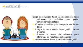 14
Dirigir los esfuerzos hacia la obtención de datos
suficientes y confiables para poder
comprobar las hipótesis;
6) Orientar el análisis y la interpretación de los
datos;
7) Integrar la teoría con la investigación que se
propone;
8) Proveer un marco de referencia para
interpretar los resultados del estudio;
9) Inspirar nuevas líneas y áreas de investigación
 
