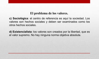El problema de los valores.
c) Sociológica: el centro de referencia es aquí la sociedad. Los
valores son hechos sociales y deben ser examinados como los
otros hechos sociales.
d) Existencialista: los valores son creados por la libertad, que es
el valor supremo. No hay ninguna norma objetiva absoluta.
 