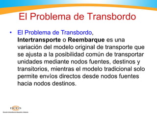 El Problema de Transbordo
• El Problema de Transbordo,
Intertransporte o Reembarque es una
variación del modelo original de transporte que
se ajusta a la posibilidad común de transportar
unidades mediante nodos fuentes, destinos y
transitorios, mientras el modelo tradicional solo
permite envíos directos desde nodos fuentes
hacia nodos destinos.
 