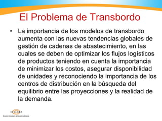 El Problema de Transbordo
• La importancia de los modelos de transbordo
aumenta con las nuevas tendencias globales de
gestión de cadenas de abastecimiento, en las
cuales se deben de optimizar los flujos logísticos
de productos teniendo en cuenta la importancia
de minimizar los costos, asegurar disponibilidad
de unidades y reconociendo la importancia de los
centros de distribución en la búsqueda del
equilibrio entre las proyecciones y la realidad de
la demanda.
 