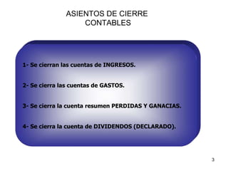 3
ASIENTOS DE CIERRE
CONTABLES
1- Se cierran las cuentas de INGRESOS.
2- Se cierra las cuentas de GASTOS.
3- Se cierra la cuenta resumen PERDIDAS Y GANACIAS.
4- Se cierra la cuenta de DIVIDENDOS (DECLARADO).
 