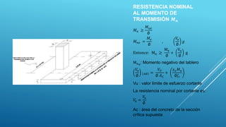 RESISTENCIA NOMINAL
AL MOMENTO DE
TRANSMISIÓN 𝑴𝒏
𝑀𝑛 ≥
𝑀𝑢𝑒
∅
𝑀𝑛𝑒 =
𝑀𝑒
∅
,
𝑉
𝑢
∅
𝑔
Entonce: Mn ≥
Me
∅
+
Vu
∅
g
Mne: Momento negativo del tablero
𝑉
𝑢
∅ 𝐴𝐵 =
𝑉𝑈
∅ 𝐴𝐶
+
𝛾𝑢𝑀𝑢
∅𝐽𝑐
Vu : valor límite de esfuerzo cortante
La resistencia nominal por cortante es:
𝑉
𝑛 =
𝑉
𝑢
∅
Ac : área del concreto de la sección
crítica supuesta
 