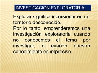 INVESTIGACIÓN EXPLORATORIA
Explorar significa incursionar en un
territorio desconocido.
Por lo tanto, emprenderemos una
investigación exploratoria cuando
no conocemos el tema por
investigar, o cuando nuestro
conocimiento es impreciso.
 