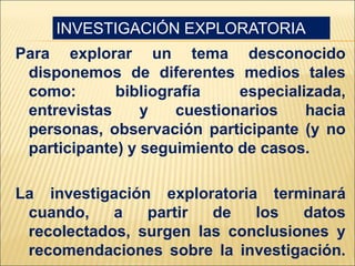 Para explorar un tema desconocido
disponemos de diferentes medios tales
como: bibliografía especializada,
entrevistas y cuestionarios hacia
personas, observación participante (y no
participante) y seguimiento de casos.
La investigación exploratoria terminará
cuando, a partir de los datos
recolectados, surgen las conclusiones y
recomendaciones sobre la investigación.
INVESTIGACIÓN EXPLORATORIA
 