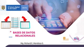 BASES DE DATOS
RELACIONALES
Mg. Richard E. Mendoza G.
 