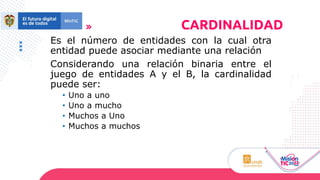 Es el número de entidades con la cual otra
entidad puede asociar mediante una relación
Considerando una relación binaria entre el
juego de entidades A y el B, la cardinalidad
puede ser:
• Uno a uno
• Uno a mucho
• Muchos a Uno
• Muchos a muchos
CARDINALIDAD
 