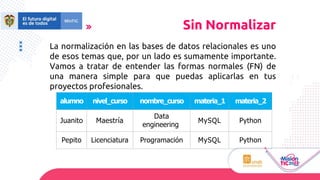 alumno nivel_curso nombre_curso materia_1 materia_2
Juanito Maestría
Data
engineering
MySQL Python
Pepito Licenciatura Programación MySQL Python
Sin Normalizar
La normalización en las bases de datos relacionales es uno
de esos temas que, por un lado es sumamente importante.
Vamos a tratar de entender las formas normales (FN) de
una manera simple para que puedas aplicarlas en tus
proyectos profesionales.
 