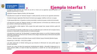 El programa debe presentar por medio de una GUI un menú con las siguientes opciones (pueden ser
botones o literalmente un menú):
o Gestionar Equipos, Registrar Partido y Ver Resultados
• Al seleccionar la opción de “Gestionar Equipos” se debe presentar una GUI con los siguientes elementos:
• Listado de Equipos registrados (Text Area)• Formulario para agregar, modificar y eliminar un equipo
• Cada equipo debe tener: id (puede ser autoincrementado), nombre del equipo, nombre del entrenador
• Al seleccionar la opción de “Registrar Partido” se le debe presentar un formulario por medio de una GUI
para solicitar la información del partido al usuario
• En cada partido se debe registrar: fecha, equipo local, goles equipo local, equipo visitante y goles del
equipo visitante
o En el formulario de partido se debe hacer uso de un Combo Box para la selección de los equipos (local y
visitante), en cada opción se debe presentar el nombre del equipo
• Al seleccionar la opción de “Ver Resultados”, el programa debe mostrar en una GUI el listado de partidos
registrados ordenados por fecha del más reciente al más antiguo indicando toda la información del partido
con el siguiente formato:
o {Fecha} – {Nombre Equipo Local} {(Goles Equipo Local)} VS {(Goles Equipo Visitante)} {Nombre Equipo
Visitante} Ejm. 22-04-2021 – UIS (2) VS (1) UNAB
• Se debe sobrescribir el método toString para que devuelva la información de cada partido según el
formato solicitadoa)
Creación de la base de datos bd_campeonato (preferiblemente MySQL o MariaDB) Configuración de la
nueva conexión (JDBC) a la base de datos bd_campeonato y creación de una clase para gestionar la
conexión
Ejemplo Interfaz 1
 