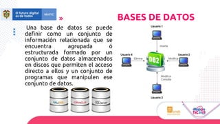 Una base de datos se puede
definir como un conjunto de
información relacionada que se
encuentra agrupada ó
estructurada formado por un
conjunto de datos almacenados
en discos que permiten el acceso
directo a ellos y un conjunto de
programas que manipulen ese
conjunto de datos.
BASES DE DATOS
 