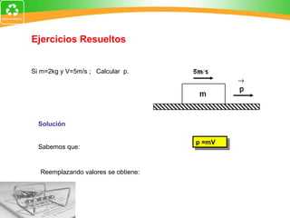 Reemplazando valores se obtiene: Sabemos que: p =mV Si m=2kg y V=5m/s ;  Calcular  p. Ejercicios Resueltos Solución  