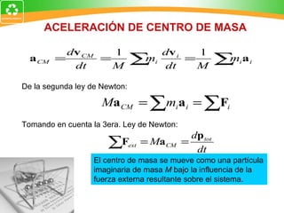 ACELERACIÓN DE CENTRO DE MASA De la segunda ley de Newton: Tomando en cuenta la 3era. Ley de Newton: El centro de masa se mueve como una partícula imaginaria de masa  M  bajo la influencia de la fuerza externa resultante sobre el sistema. 