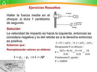 Ejercicios Resueltos Sabemos que: Reemplazando valores se obtiene: Hallar la fuerza media en el choque; si dura 1 centésimo de segundo. La velocidad de impacto es hacia la izquierda, entonces se considera negativa y la del rebote es a la derecha entonces es positiva. Solución   m=4kg V 2 =2m/s V 1 =4m/s 