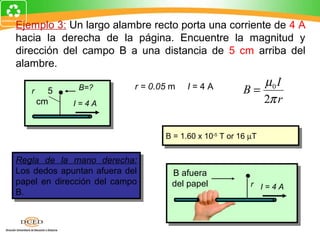 Ejemplo 3: Un largo alambre recto porta una corriente de 4 A
hacia la derecha de la página. Encuentre la magnitud y
dirección del campo B a una distancia de 5 cm arriba del
alambre.
                                                              µ0 I
   r     5      B=?           r = 0.05 m   I=4A            B=
       cm     I=4A                                            2π r

           (4π x 10-7 TAm )(4 A)
                       ⋅
        B=                           B = 1.60 xx10-5-5T or 16 µT
                                      B = 1.60 10 T or 16 µT
               2π (0.05 m)
Regla de la mano derecha:
 Regla de la mano derecha:
Los dedos apuntan afuera del
 Los dedos apuntan afuera del          B afuera
papel en dirección del campo
 papel en dirección del campo          del papel             r I=4A
B.
 B.
 