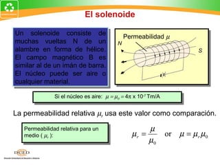 El solenoide

Un solenoide consiste de
 Un solenoide consiste de                       Permeabilidad µ
muchas vueltas N de un
 muchas vueltas N de un                     N
alambre en forma de hélice.
 alambre en forma de hélice.                                                S
El campo magnético B es
 El campo magnético B es
similar al de un imán de barra.
 similar al de un imán de barra.
El núcleo puede ser aire o
 El núcleo puede ser aire o
cualquier material.
 cualquier material.
                 Si el núcleo es aire: µ = µ0 = 4π xx10-7-7Tm/A
                  Si el núcleo es aire: µ = µ0 = 4π 10 Tm/A

La permeabilidad relativa µr usa este valor como comparación.

   Permeabilidad relativa para un
    Permeabilidad relativa para un                     µ
   medio ((µr ):
    medio µ ):
                                                  µr =            or µ = µ r µ0
             r
                                                       µ0
 