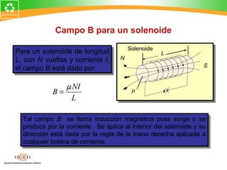 Campo B para un solenoide
                                         Solenoide
Para un solenoide de longitud
Para un solenoide de longitud                        L
L, con N vueltas y corriente I,      N
L, con N vueltas y corriente I,
el campo B está dado por:                                          S
el campo B está dado por:

               µ NI
            B=                            µ
                L

  Tal campo B se llama inducción magnética pues surge o se
   Tal campo B se llama inducción magnética pues surge o se
  produce por la corriente. Se aplica al interior del solenoide yy su
   produce por la corriente. Se aplica al interior del solenoide su
  dirección está dada por la regla de la mano derecha aplicada a
   dirección está dada por la regla de la mano derecha aplicada a
  cualquier bobina de corriente.
   cualquier bobina de corriente.
 