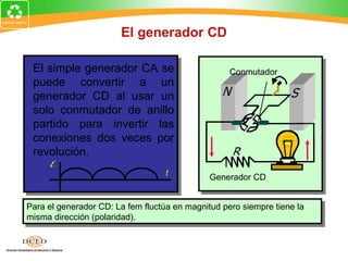 El generador CD

 El simple generador CA se                         Conmutador
 puede convertir a un
 generador CD al usar un
 solo conmutador de anillo
 partido para invertir las
 conexiones dos veces por
 revolución.
     E
                                   t          Generador CD


Para el generador CD: La fem fluctúa en magnitud pero siempre tiene la
 Para el generador CD: La fem fluctúa en magnitud pero siempre tiene la
misma dirección (polaridad).
 misma dirección (polaridad).
 