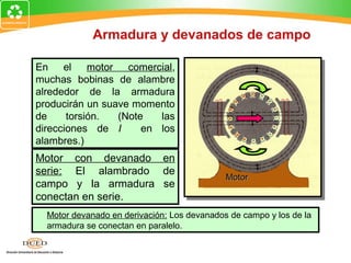 Armadura y devanados de campo

En el       motor comercial,
muchas bobinas de alambre
alrededor de la armadura
producirán un suave momento
de     torsión.  (Note   las
direcciones de I      en los
alambres.)
Motor con devanado en
serie: El alambrado de
                                             Motor
campo y la armadura se
conectan en serie.
  Motor devanado en derivación: Los devanados de campo y los de la
  armadura se conectan en paralelo.
 