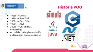 ● 1960s -> Simula
● 1970s -> SmallTalk
● 1980s -> C++, Eiffel
● 1990s -> Java
● 2000s -> C#, VB.NET,
Processing
● Actualidad -> Implementación
en lenguajes como Javascript
Historia POO
 