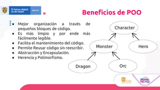 ● Mejor organización a través de
pequeños bloques de código.
● Es más limpio y por ende más
fácilmente legible.
● Facilita el mantenimiento del código.
● Permite Reusar código sin reescribir.
● Abstracción y Encapsulación.
● Herencia y Polimorfismo.
Beneficios de POO
 