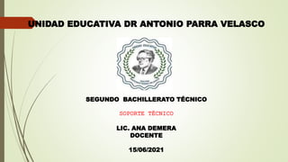 UNIDAD EDUCATIVA DR ANTONIO PARRA VELASCO
SEGUNDO BACHILLERATO TÉCNICO
SOPORTE TÉCNICO
LIC. ANA DEMERA
DOCENTE
15/06/2021
 